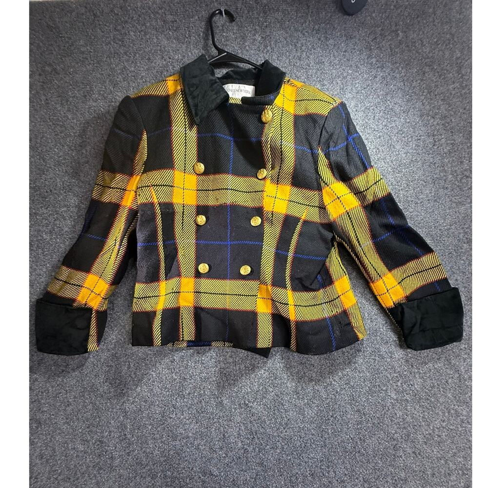 Jones New York Vintage Women's Yellow Plaid Double Breasted Pure Wool Blazer